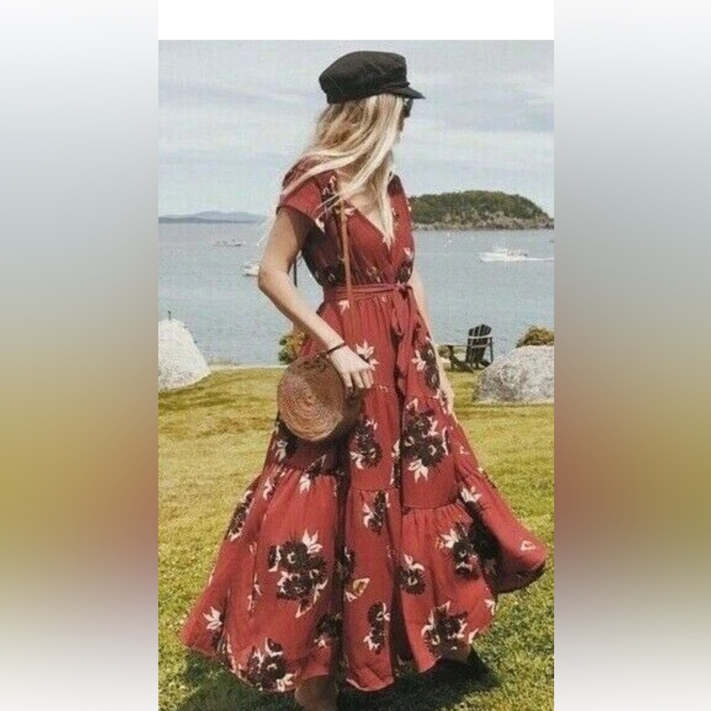 Free People All I Got Floral Maxi Dress Size 8 Red Boho Wrap Style Flowy Festiva - Picture 1 of 9